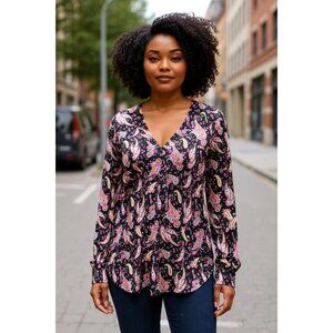 NEW Lane Bryant Womens 14/16 Paisley Print Stretch Blouse Long Sleeve Pink Black
